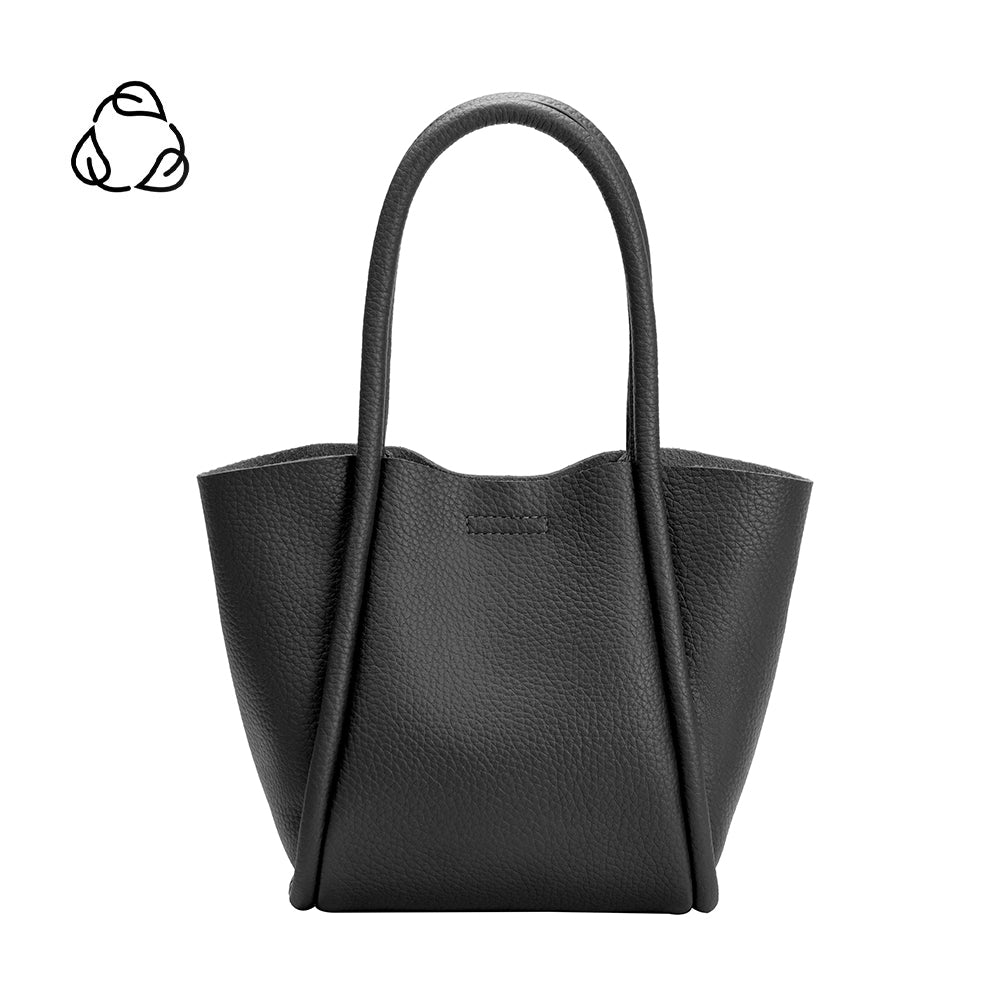 A small black recycled vegan tote bag. 