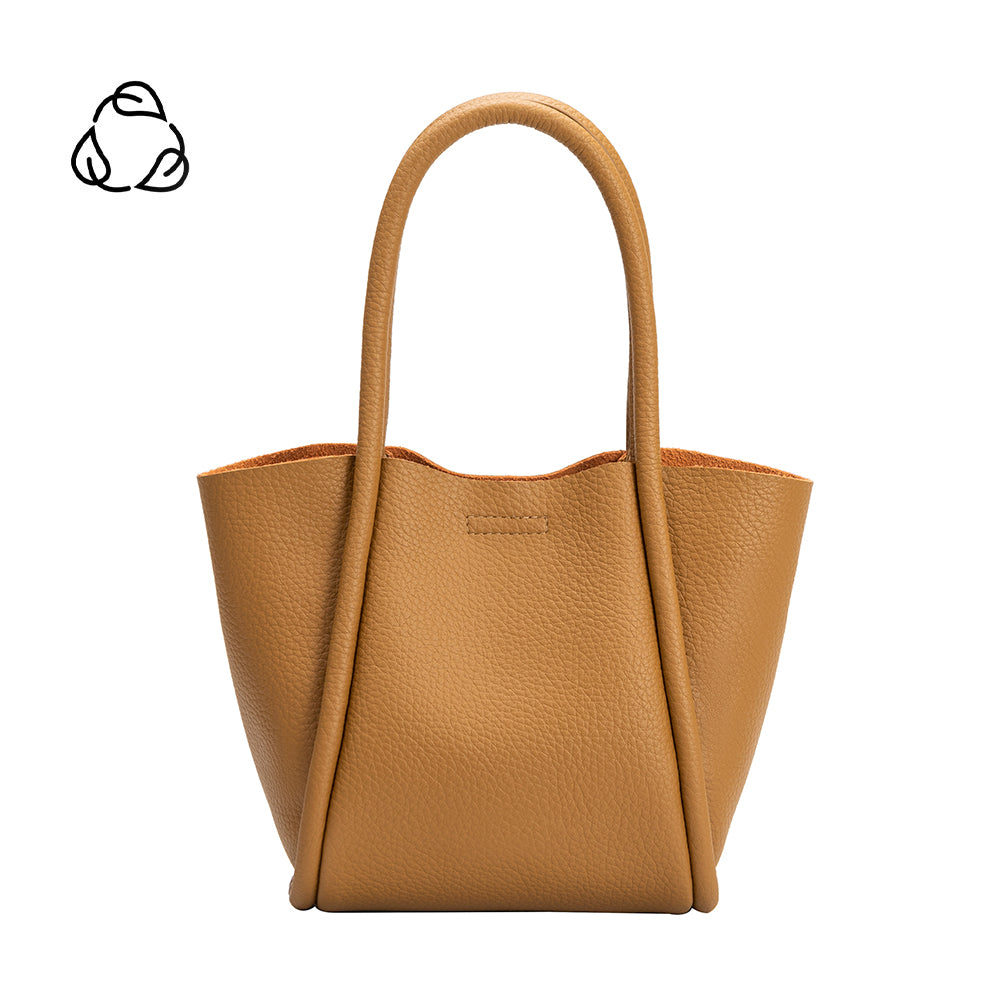 A small tan recycled vegan leather tote bag.