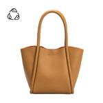 A small tan recycled vegan leather tote bag.