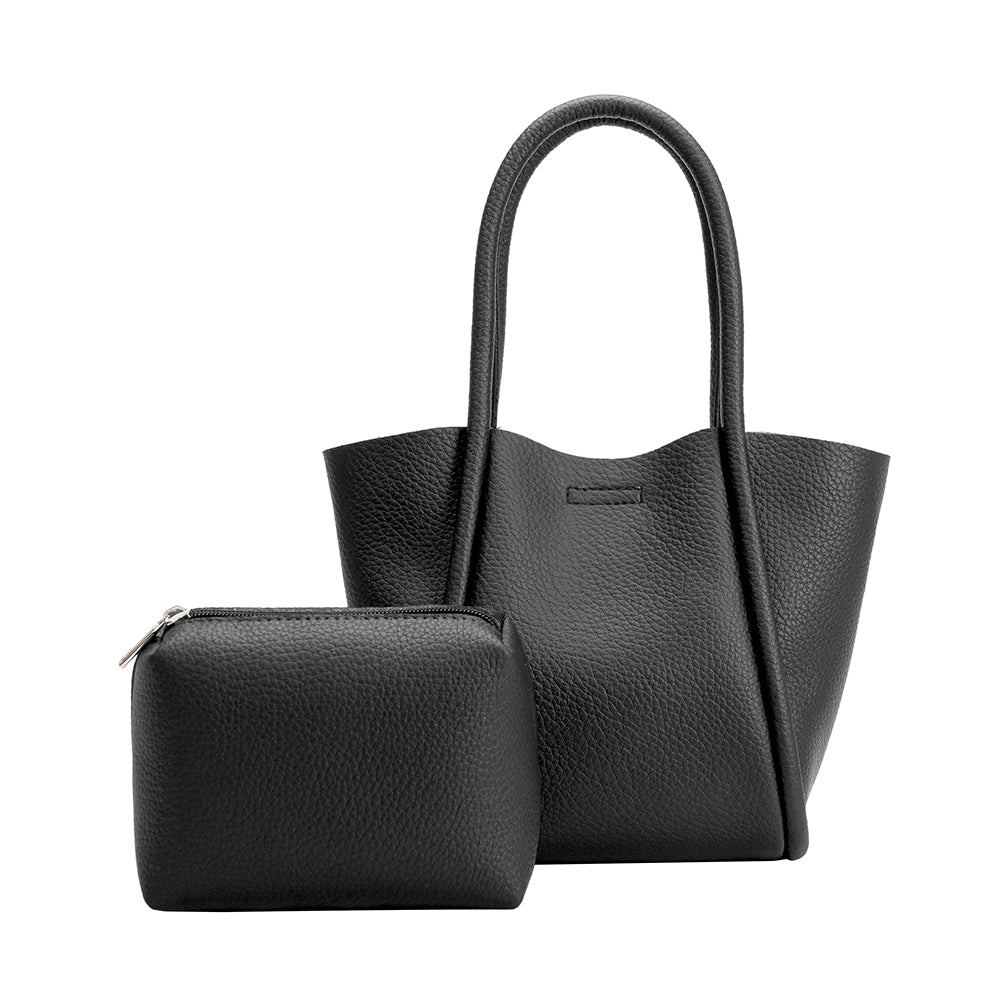 A small black recycled vegan leather tote bag with a zip pouch.