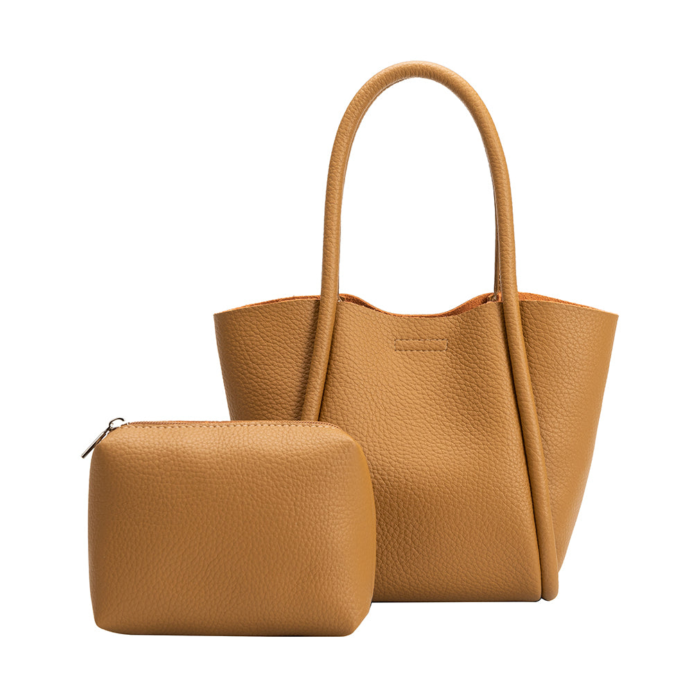 A small tan recycled vegan leather tote bag with a zip pouch.