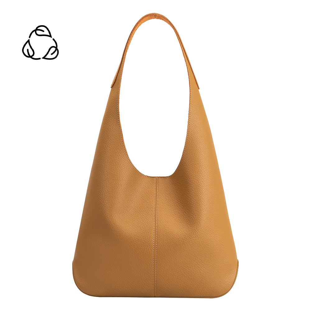 A large tan recycled vegan leather shoulder bag.