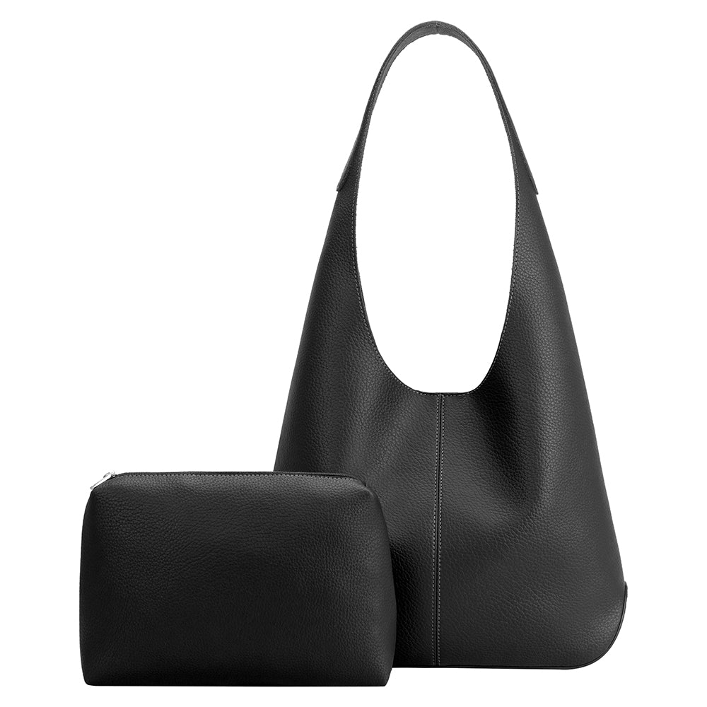 A large black recycled vegan leather shoulder bag with a zip pouch.