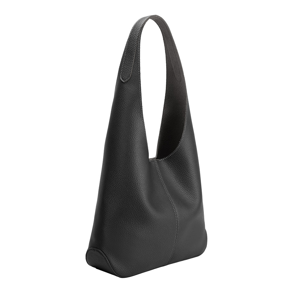 A large black recycled vegan leather shoulder bag.