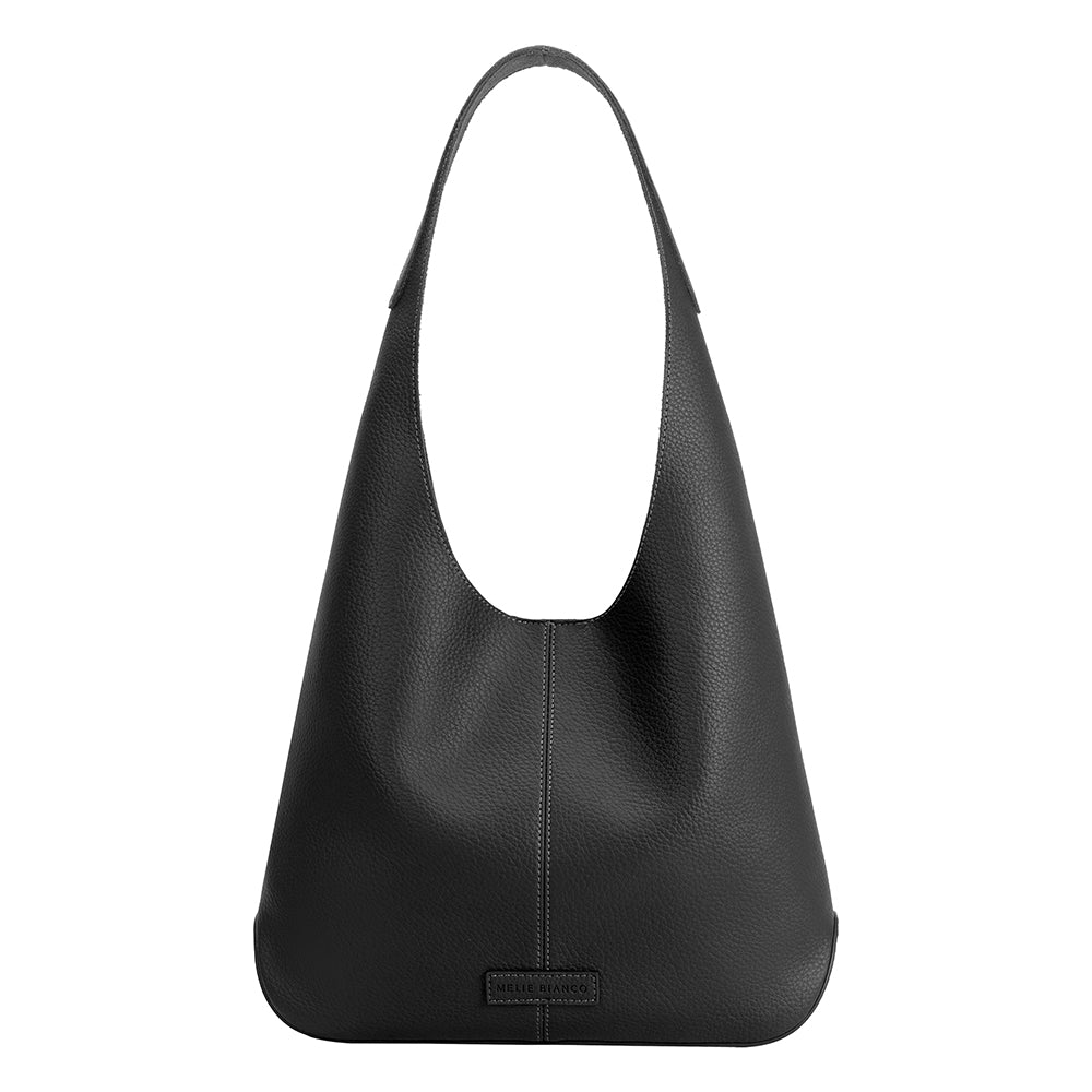 A large black recycled vegan leather shoulder bag.