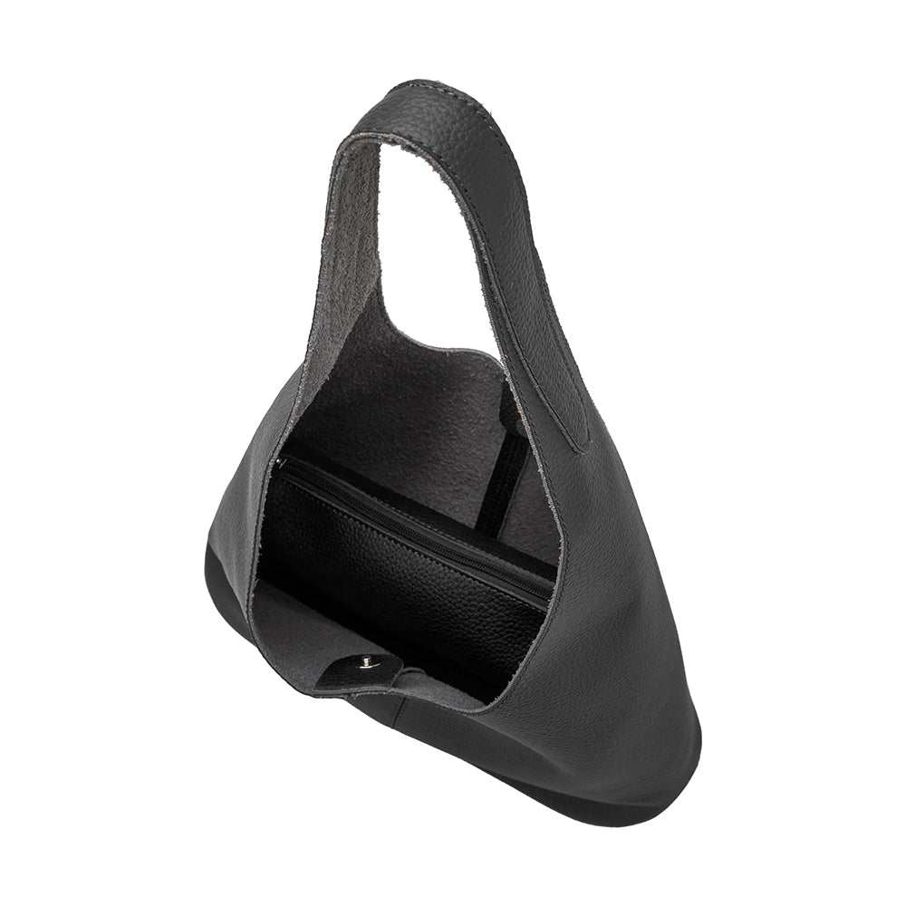 A large black recycled vegan leather bag with a zip pouch inside. 