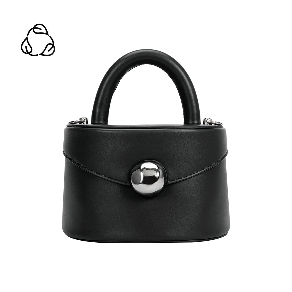 A small black recycled vegan leather top handle with silver hardware. 