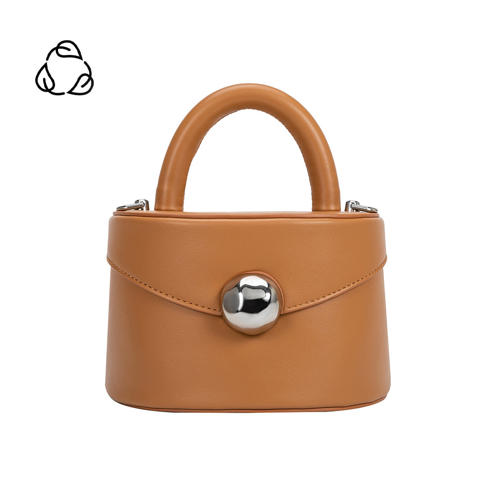 A small camel recycled vegan leather top handle bag with silver hardware. 