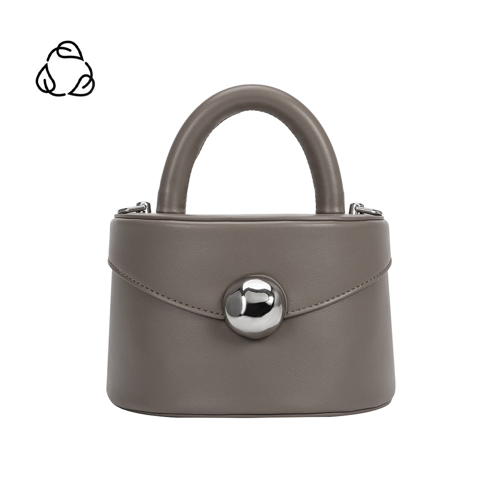 A small gray recycled vegan leather top handle bag with silver hardware. 