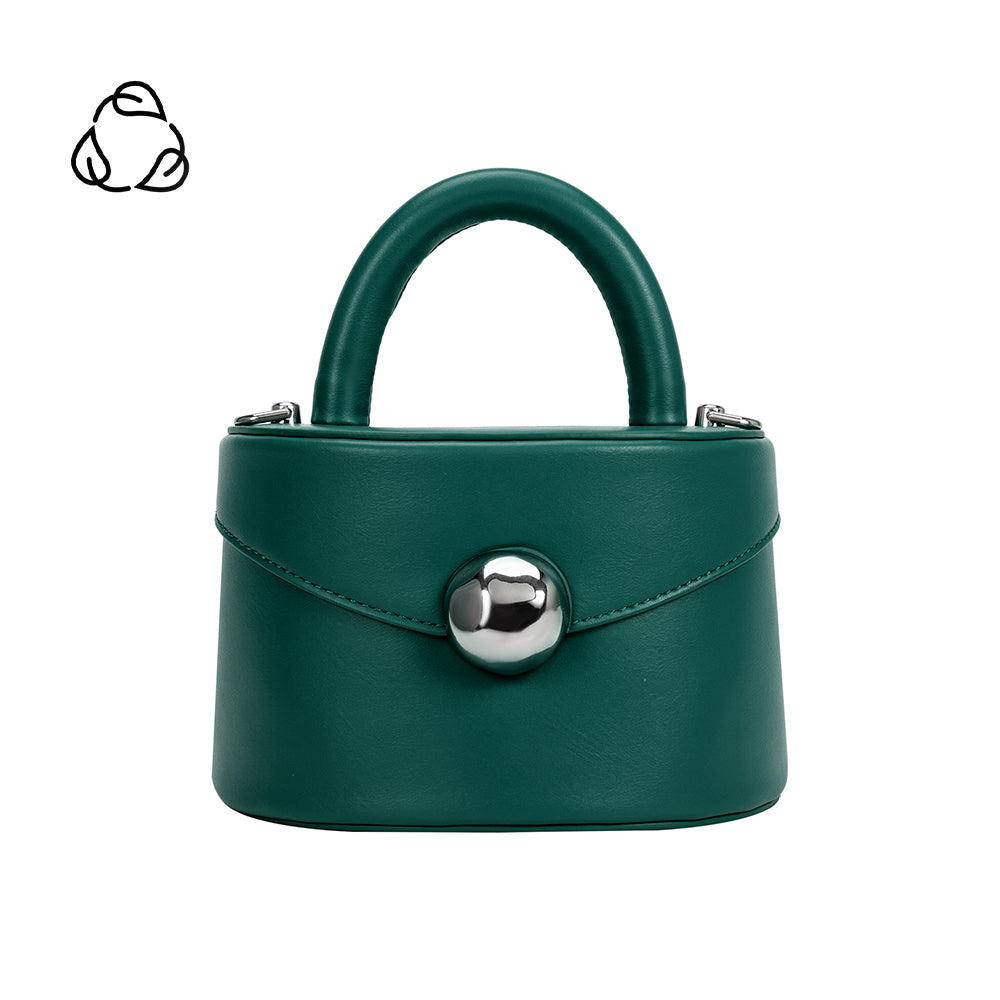 A small green recycled vegan leather top handle bag with silver hardware. 