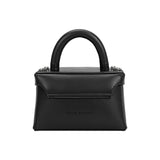 A small black recycled vegan leather top handle bag with silver hardware. 