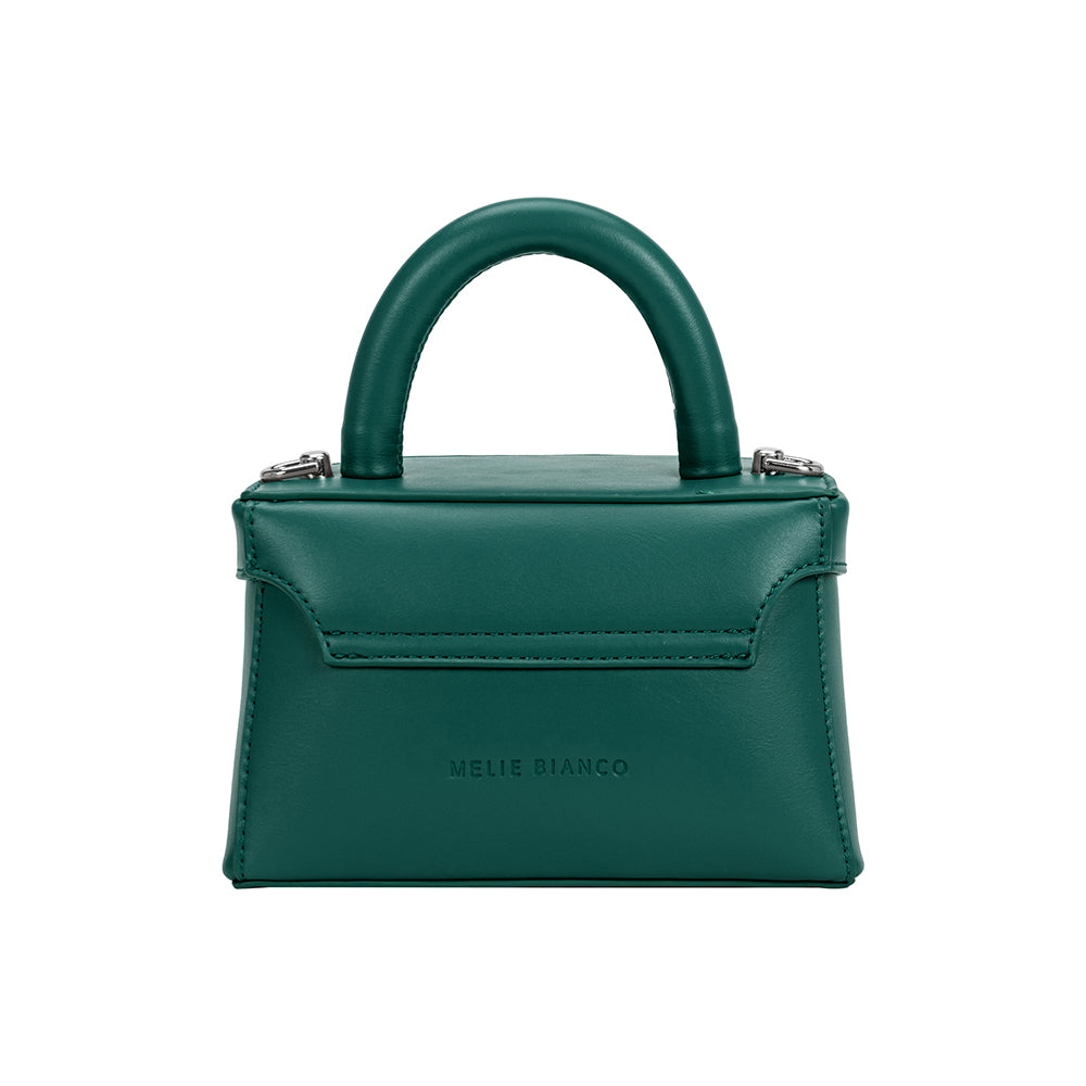 A small green recycled vegan leather top handle bag with silver hardware. 