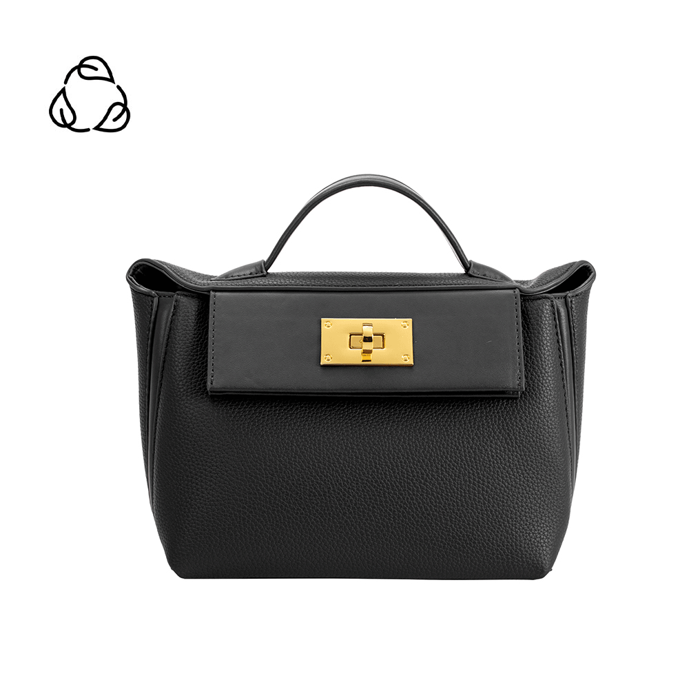 A medium black recycled vegan leather crossbody handbag with gold hardware. 