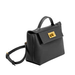 A medium black recycled vegan leather crossbody handbag with gold hardware. 