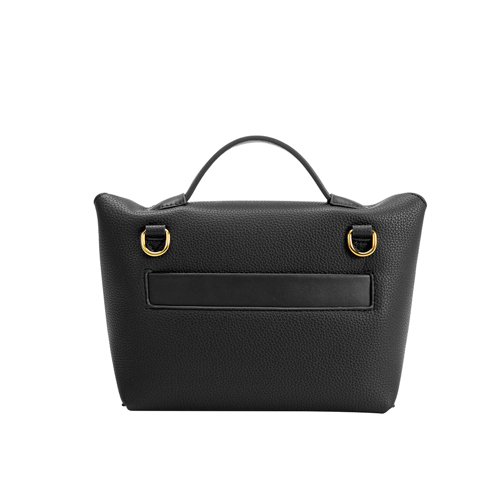 A medium black recycled vegan leather crossbody handbag with gold hardware.