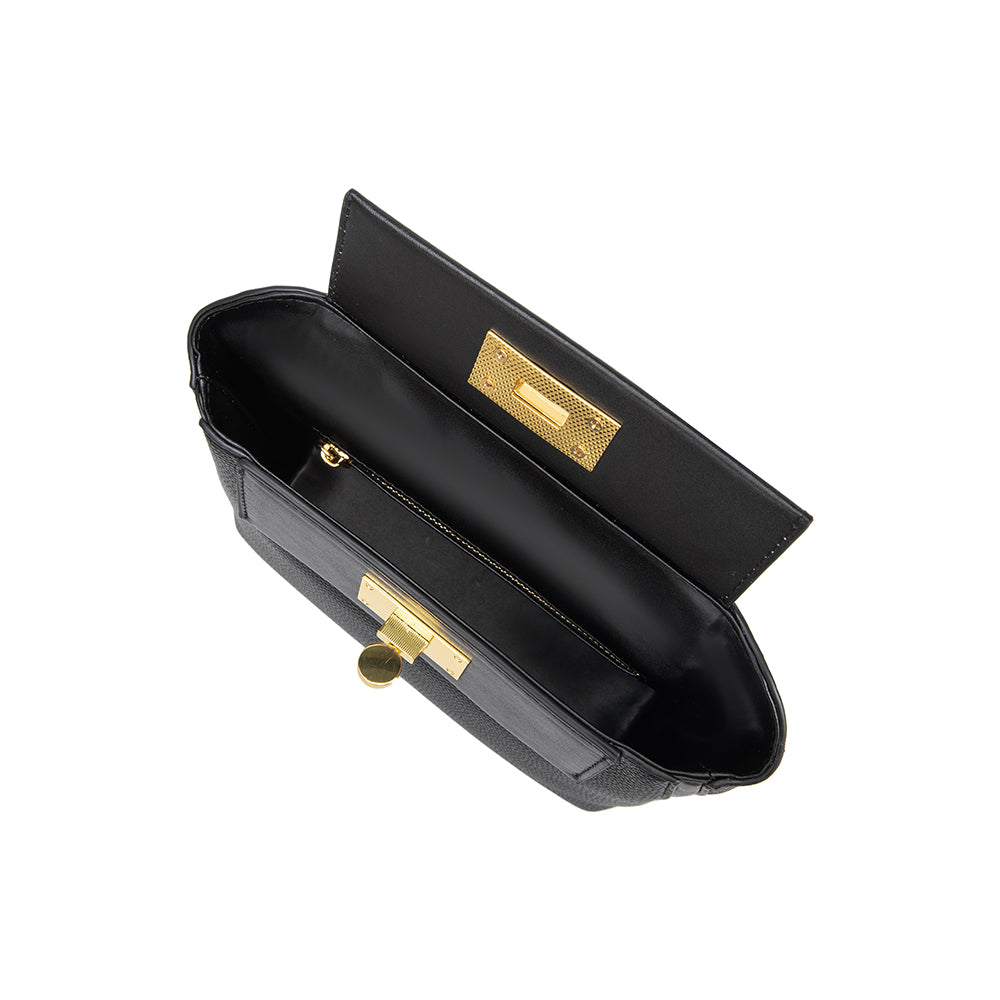 A medium black recycled vegan leather crossbody bag with gold hardware.