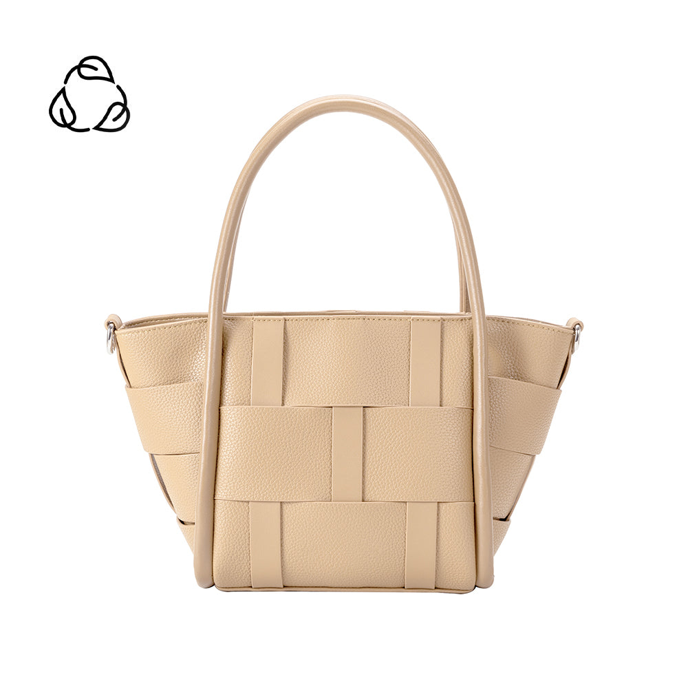 A nude woven wide strap vegan leather tote bag with double handle. 