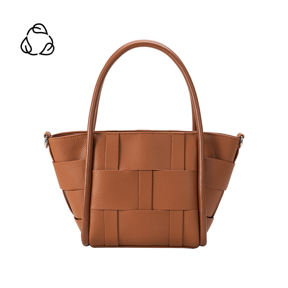 A small saddle woven wide strap vegan leather tote bag with double handle.