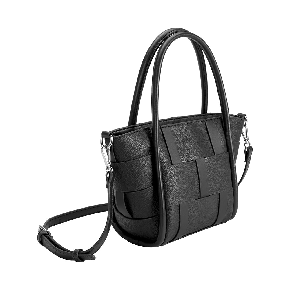 A black woven wide strap vegan leather tote bag with double handles. 