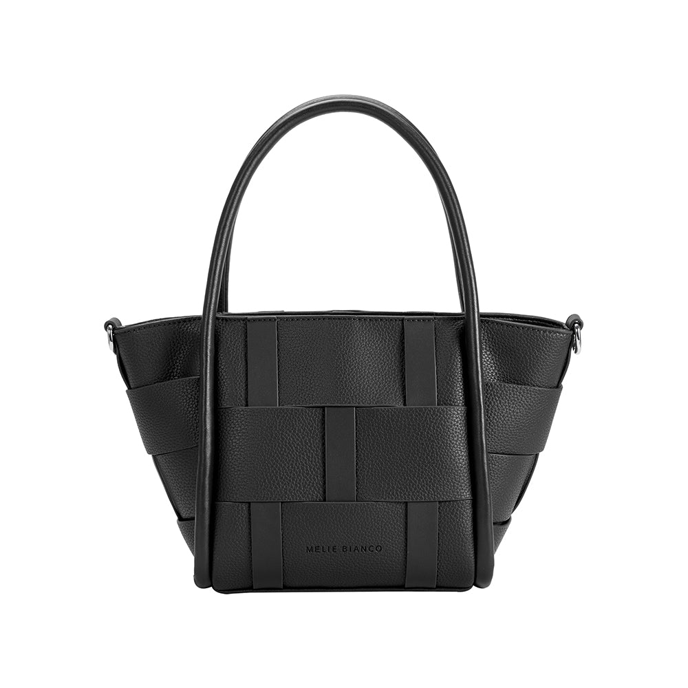 A black woven wide strap vegan leather tote bag with double handles. 