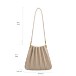 A measurement reference image for a medium pleated vegan leather shoulder bag with a zip pouch inside.