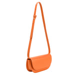 A small neon orange vegan leather shoulder bag with a scalloped strap.
