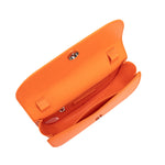 A small neon orange vegan leather shoulder bag with a scalloped strap.