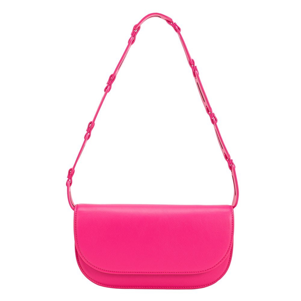 A small neon pink vegan leather shoulder bag with scalloped strap.