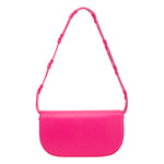 A small neon pink vegan leather shoulder bag with a scalloped strap.