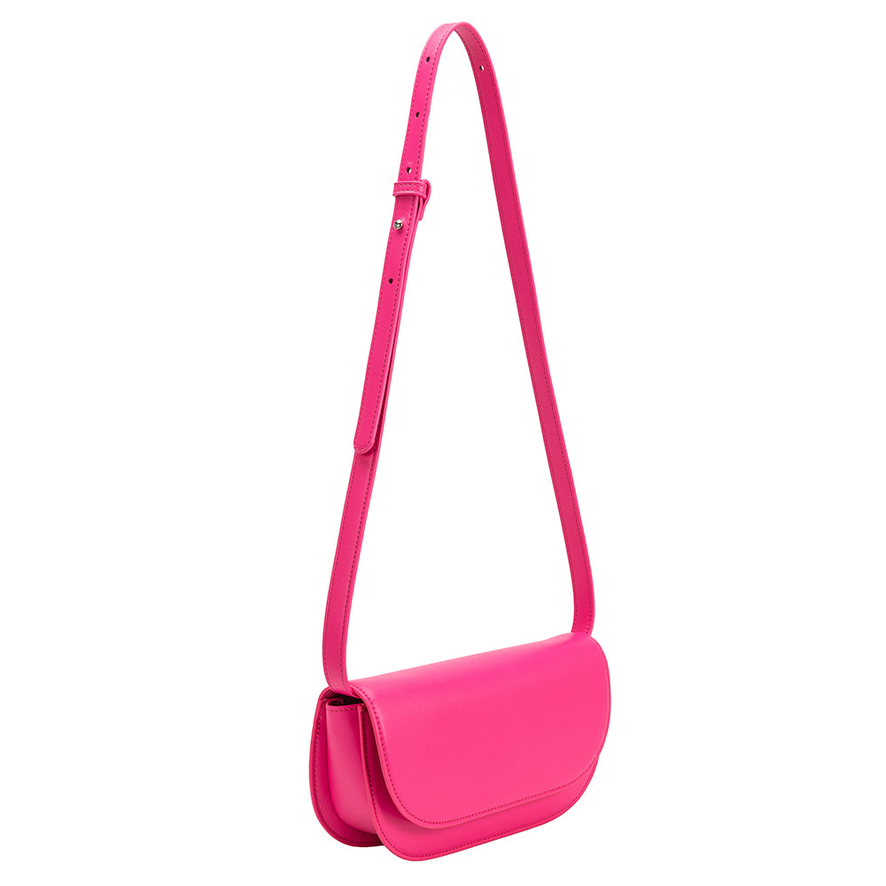 A small neon pink vegan leather shoulder bag with a scalloped strap