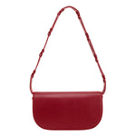 A small red vegan leather shoulder bag with a scalloped strap.