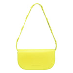 A small yellow vegan leather shoulder bag with a scalloped strap.