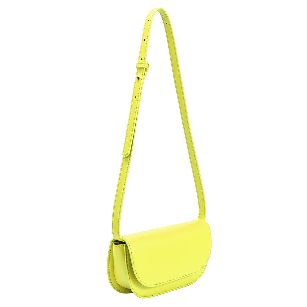 A small neon yellow vegan leather shoulder bag with a scalloped strap.