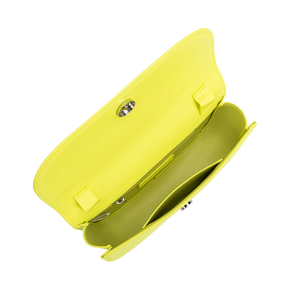 A small neon yellow vegan leather shoulder bag with a scalloped strap.