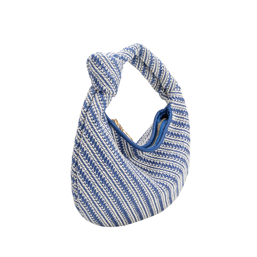 A small blue straw woven top handle bag with a knot handle