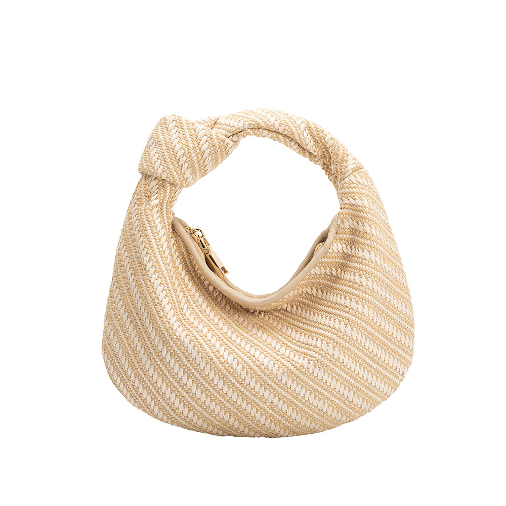 A small natural straw woven top handle bag with a knot handle