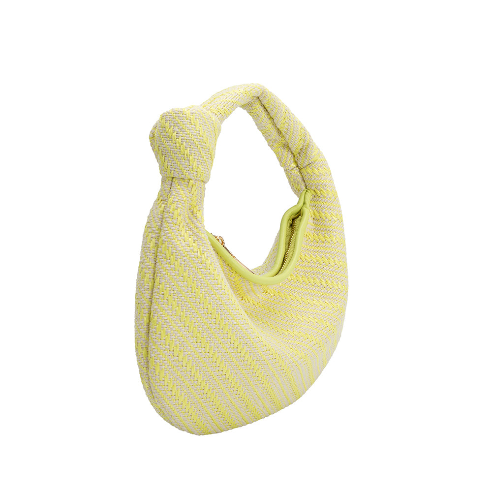 A small yellow straw woven top handle bag with a knot handle