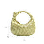 A measurement reference image for a small woven top handle bag with a knot handle