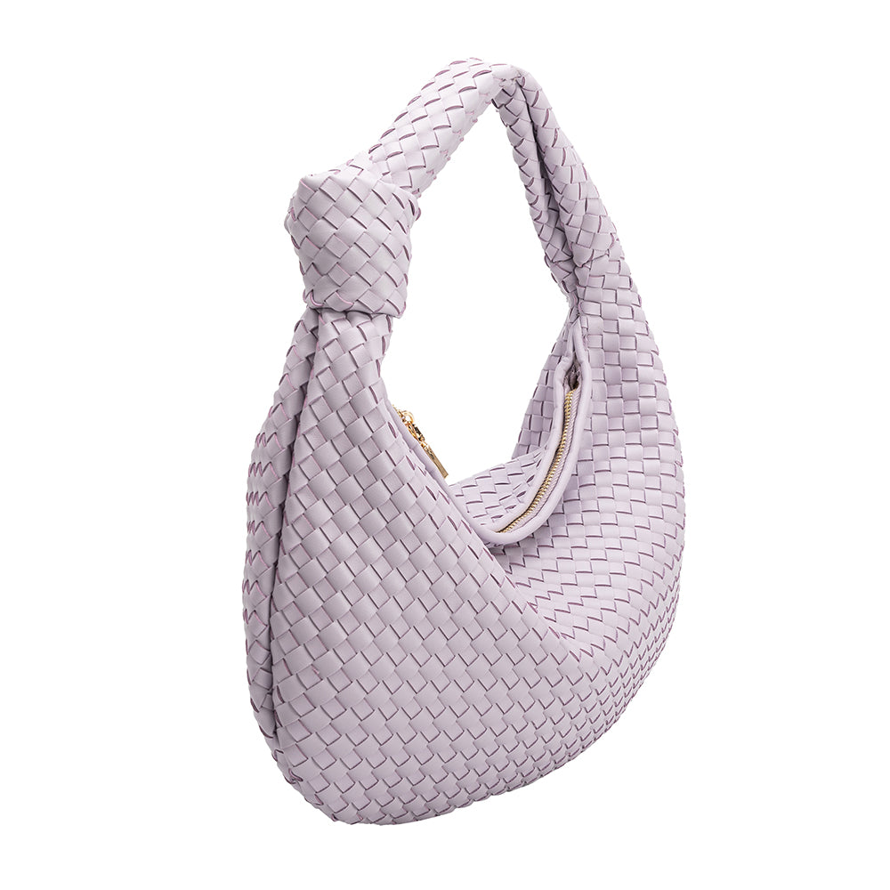 A large lilac woven vegan leather shoulder bag with a knot handle.