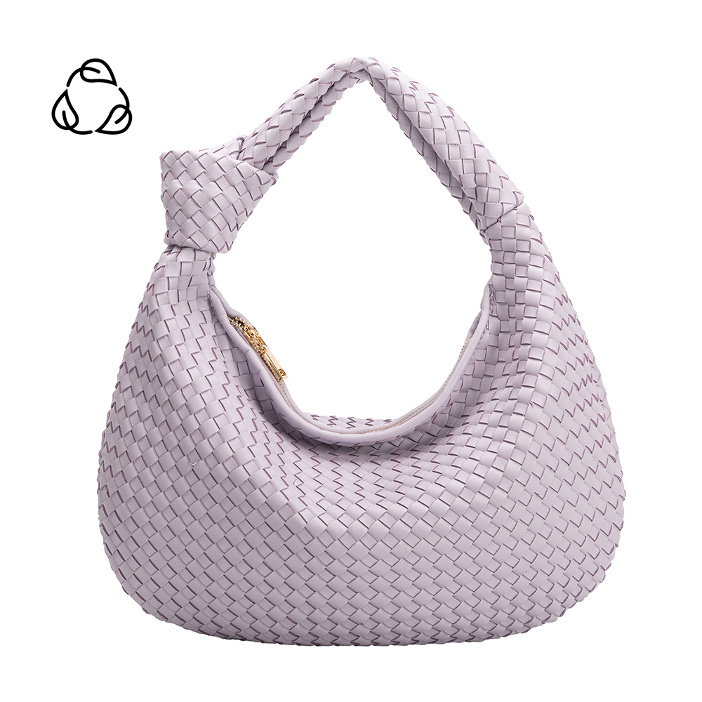 A large lilac woven vegan leather shoulder bag with a knot handle.