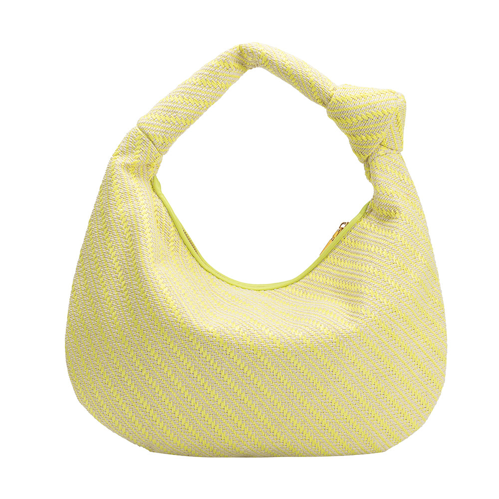 A large yellow straw woven shoulder bag with a knot handle