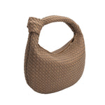 A cocoa recycled vegan leather shoulder bag with a knot. 