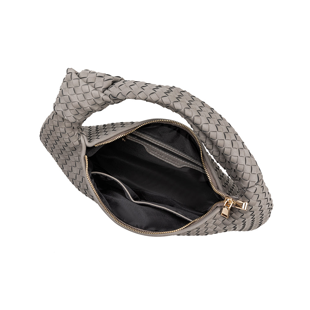 A storm suede recycled vegan leather shoulder bag with a knot.