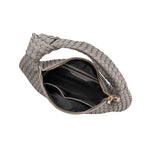 A storm suede recycled vegan leather shoulder bag with a knot.