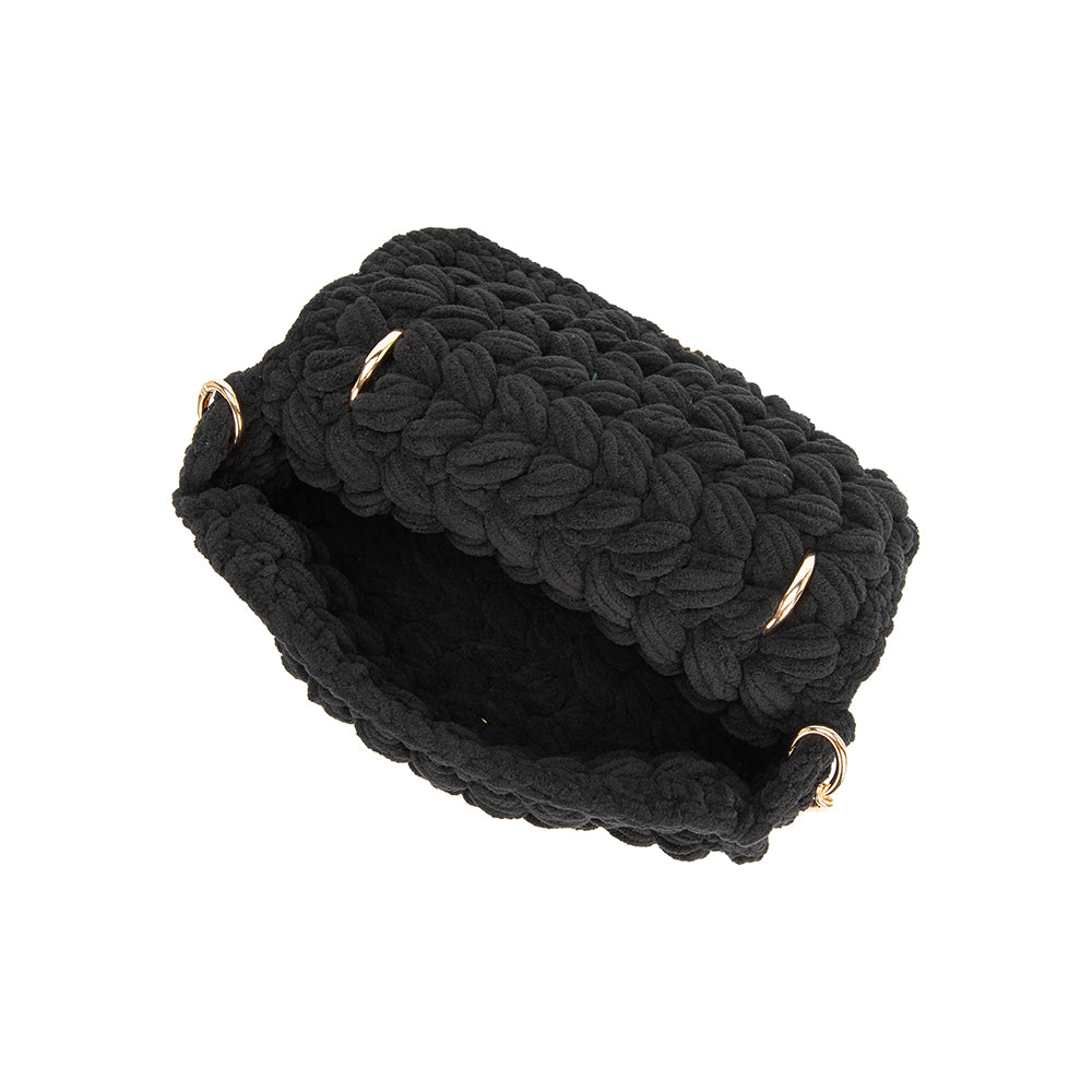 A black knitted crossbody handbag with a gold clasp.