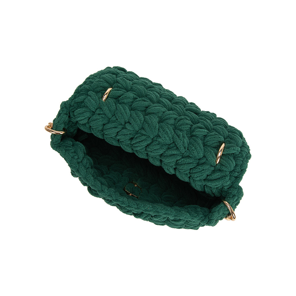 A green knitted crossbody handbag with gold clasp.