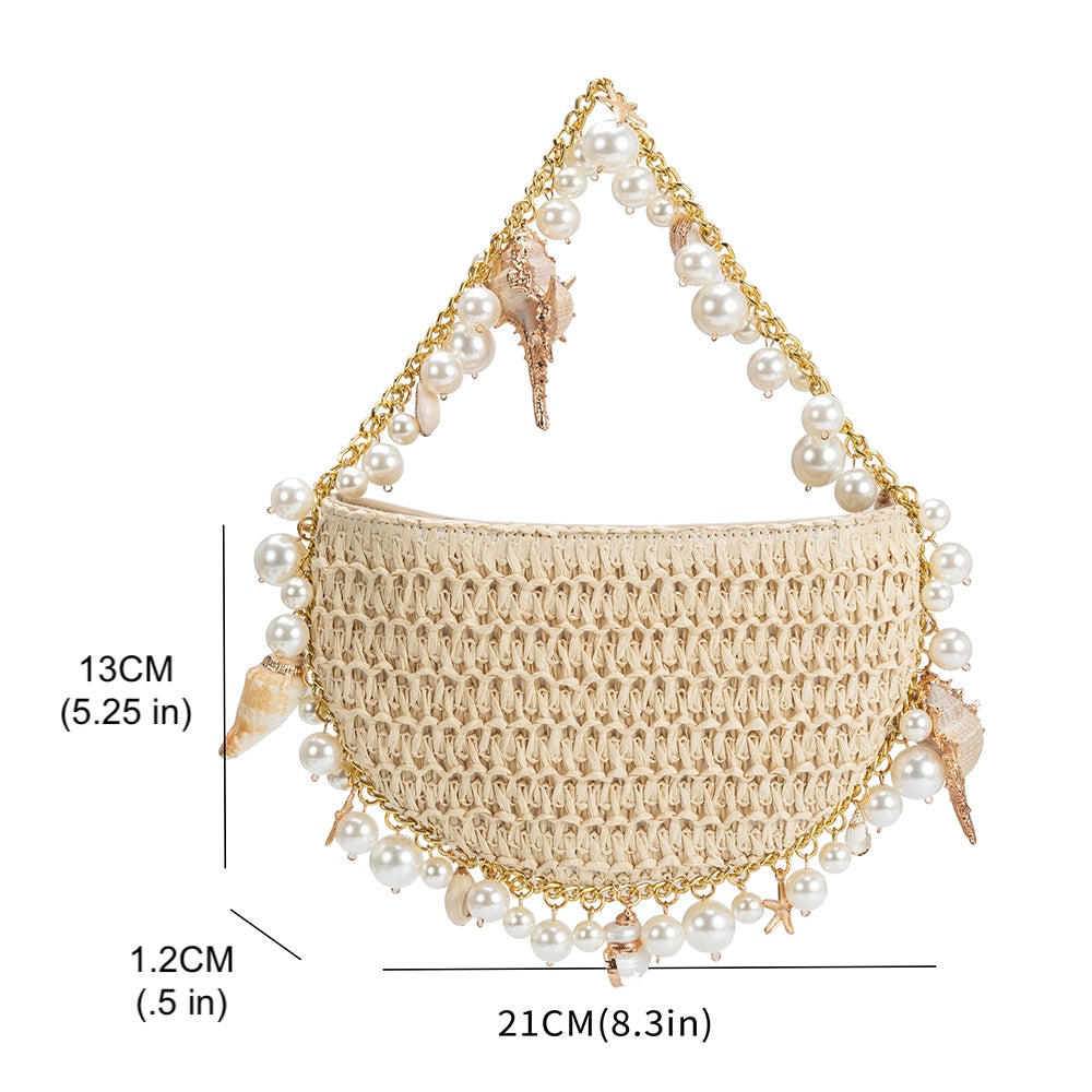 A measurement reference image of a small crochet straw top handle bag with seashell details along the handle.