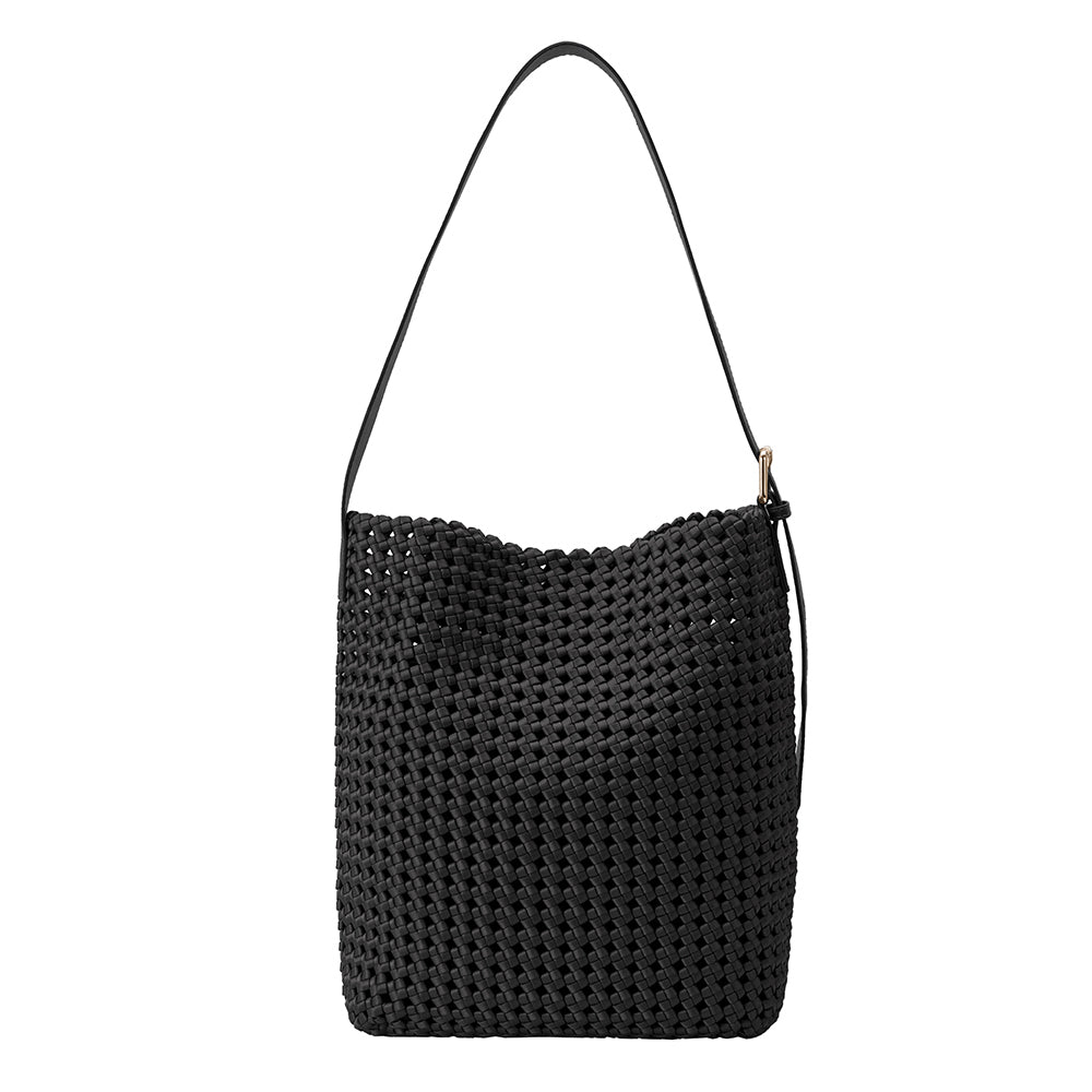 A large black nylon woven tote bag with a zip pouch inside.