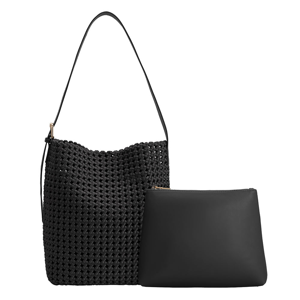 A large black nylon woven tote bag with a zip pouch inside.