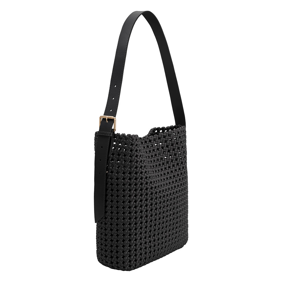 A large black nylon woven shoulder bag with a zip pouch inside.